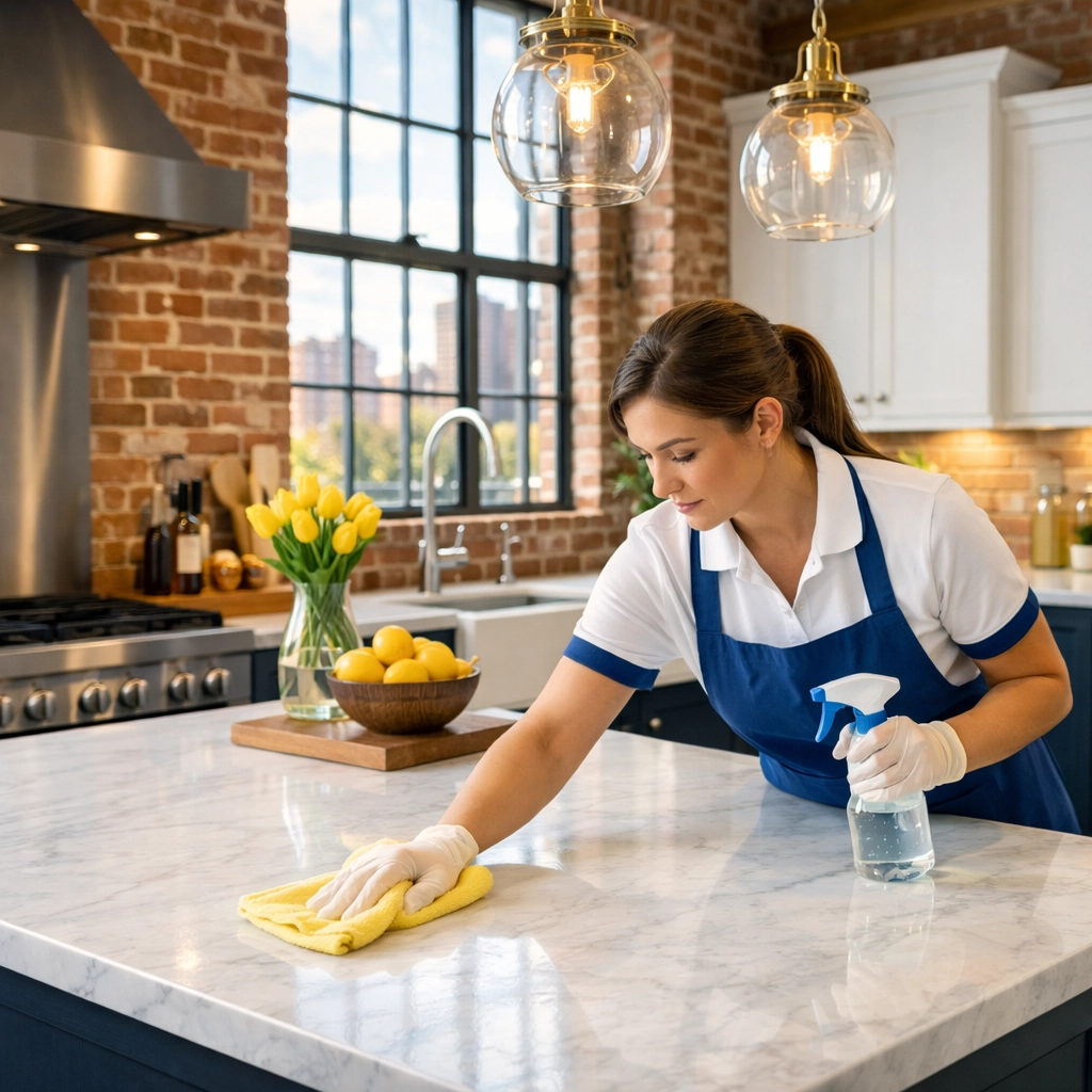 Professional deep cleaning Lowell service in a historic mill loft kitchen with exposed brick walls.