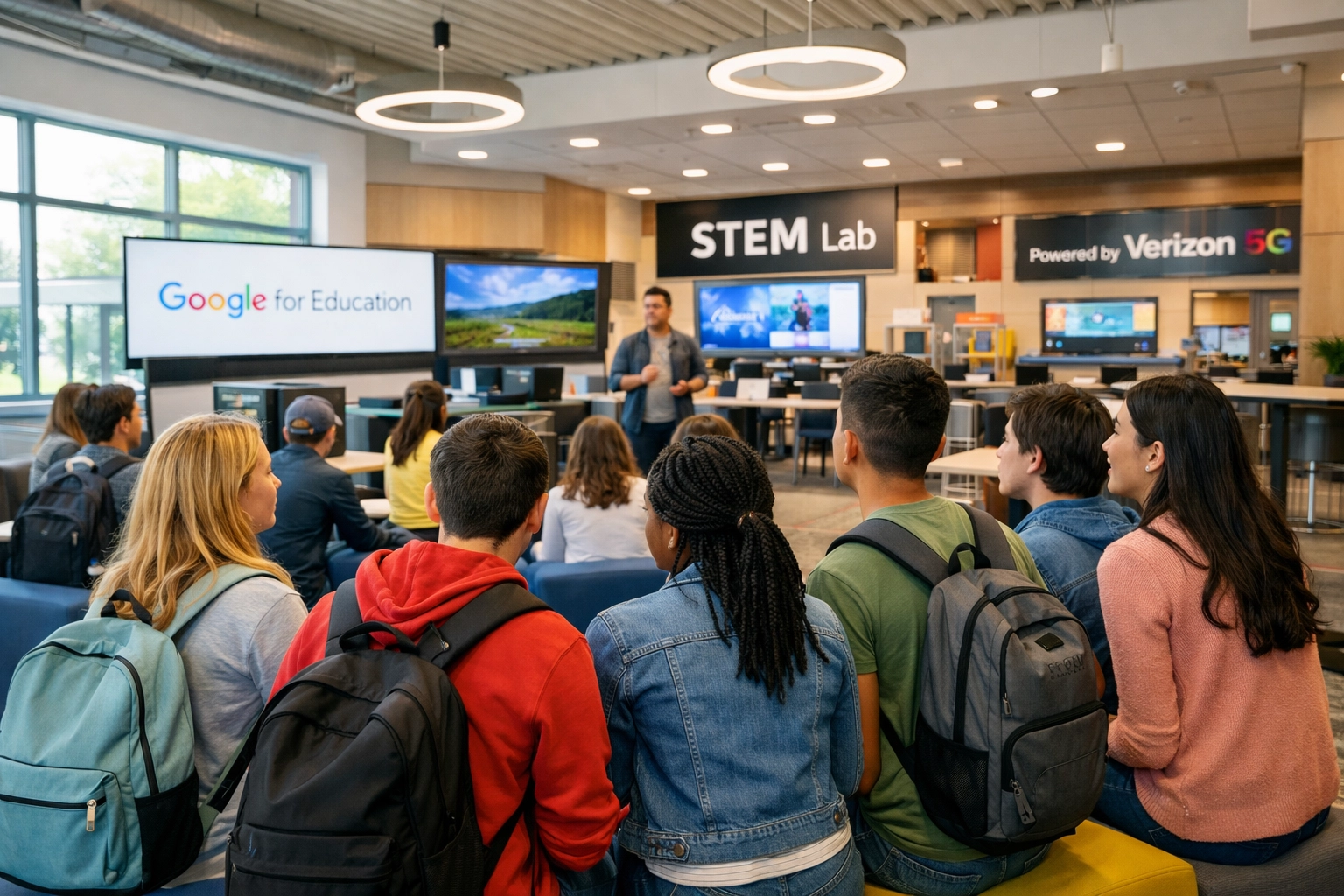 Diverse high school students collaborating in a tech-integrated lounge sponsored by a sports marketing agency.
