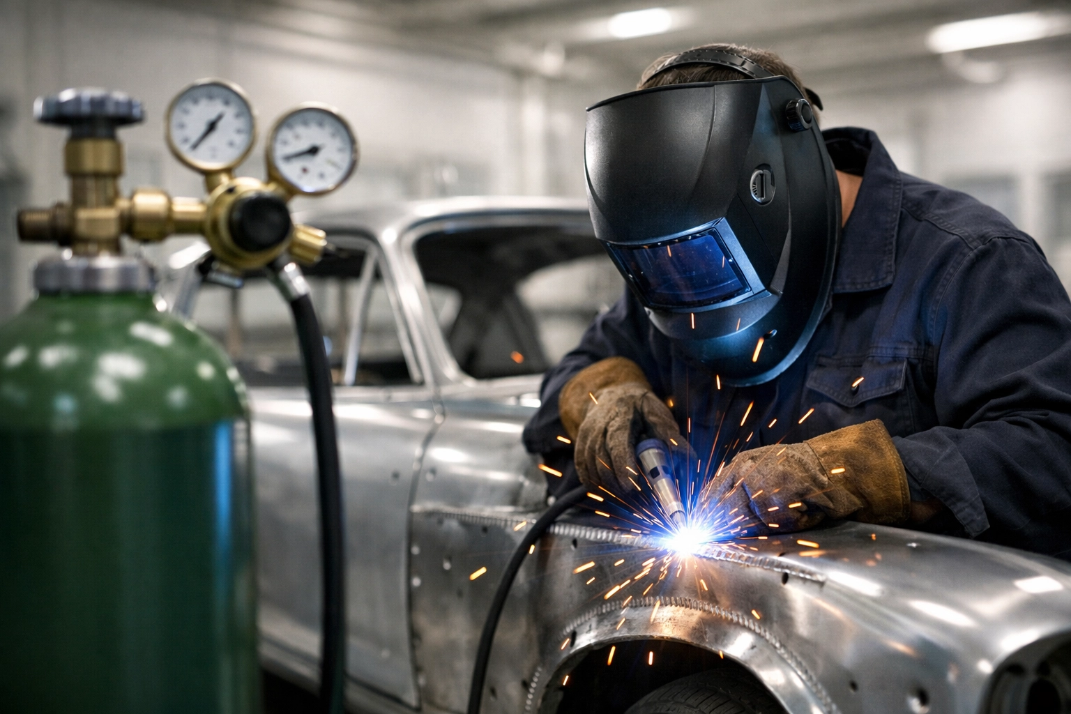 Welder using Argon CO2 mix gas for a car restoration project in a professional workshop.