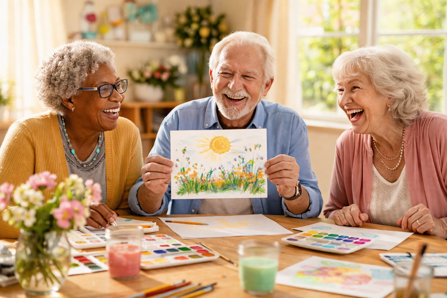 Seniors enjoy watercolor painting activity together in Sarasota assisted living community