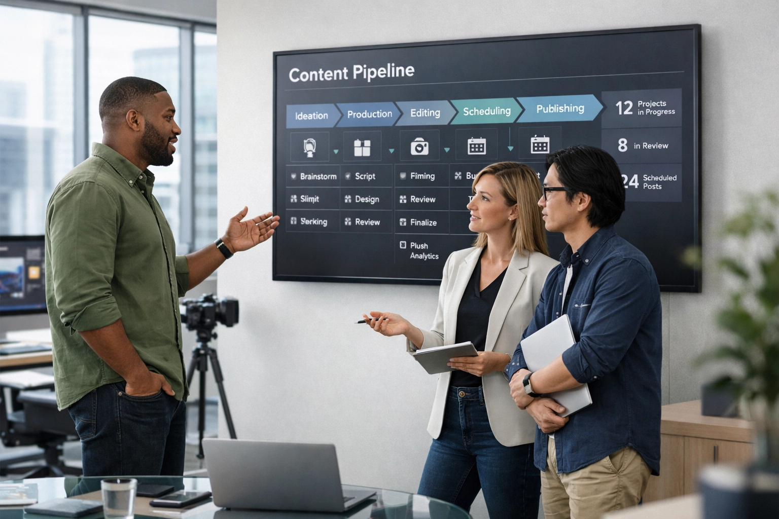 High-tech media agency team collaborating on a digital content pipeline and strategic esports media production.