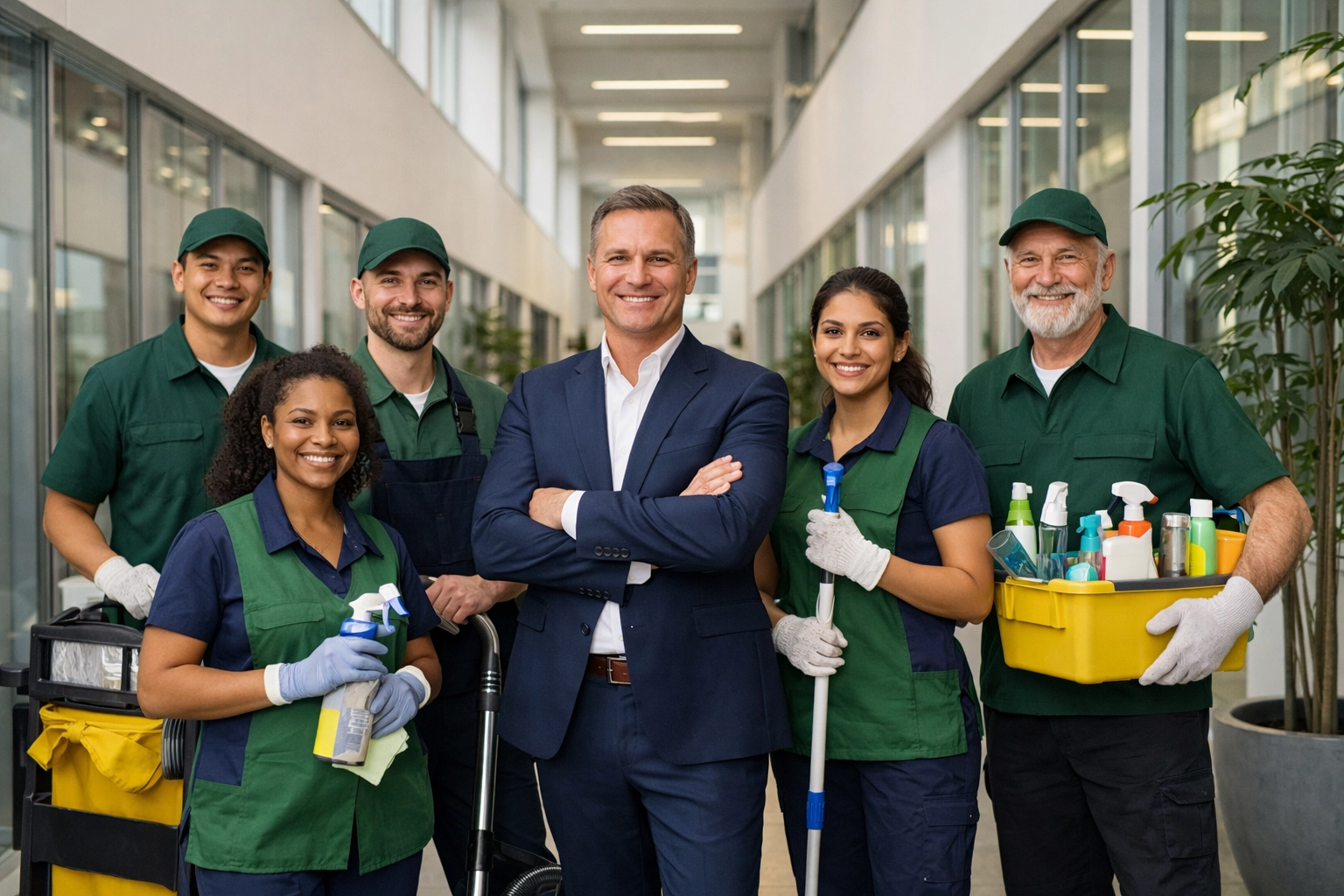 A professional cleaning team and business owner partnering in a bright, modern office workspace.