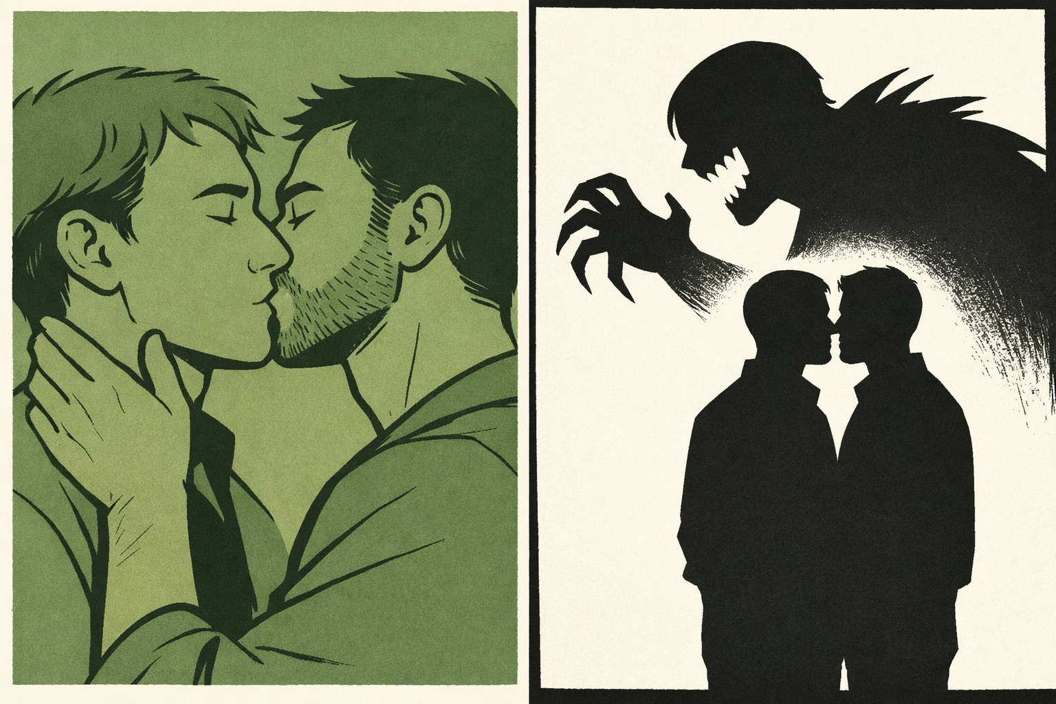 Split image showing love and danger in dark gay romance thriller