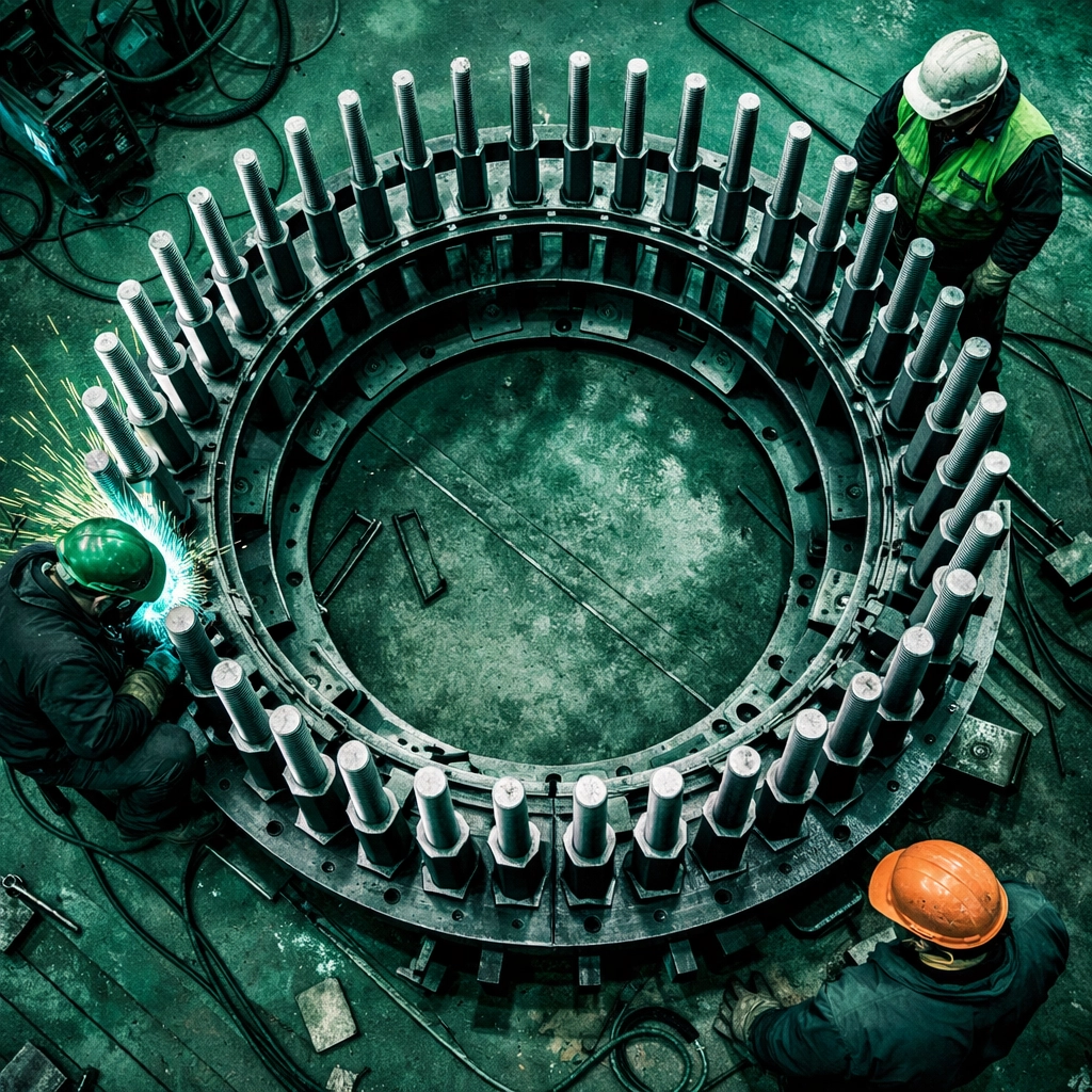 Prefabricated anchor bolt cage assembly in fabrication shop for wind turbine foundation