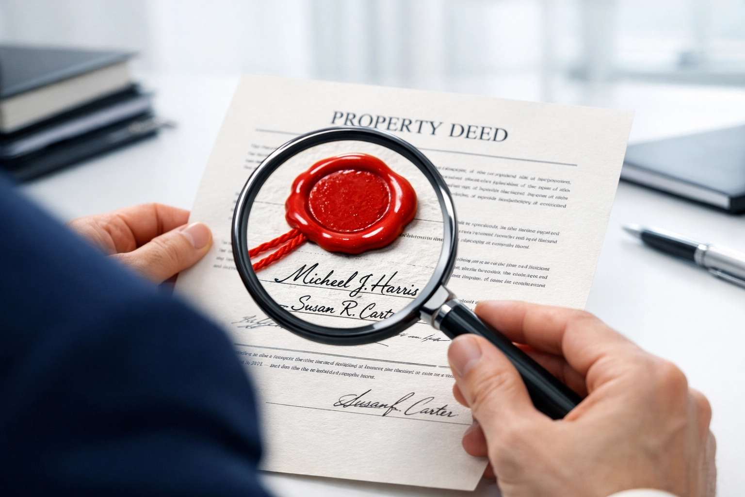 A legal expert carefully verifying an Indian property deed for secure title transfer and due diligence.
