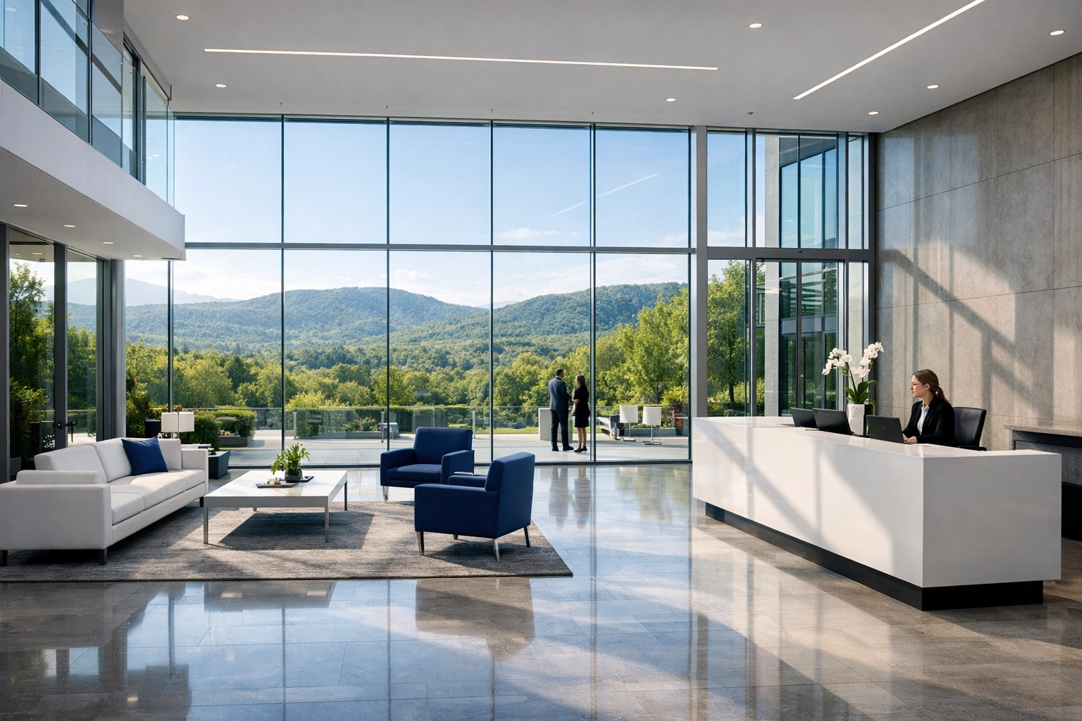 Clean and professional modern office lobby in Milton, MA, showcasing premium commercial cleaning standards.