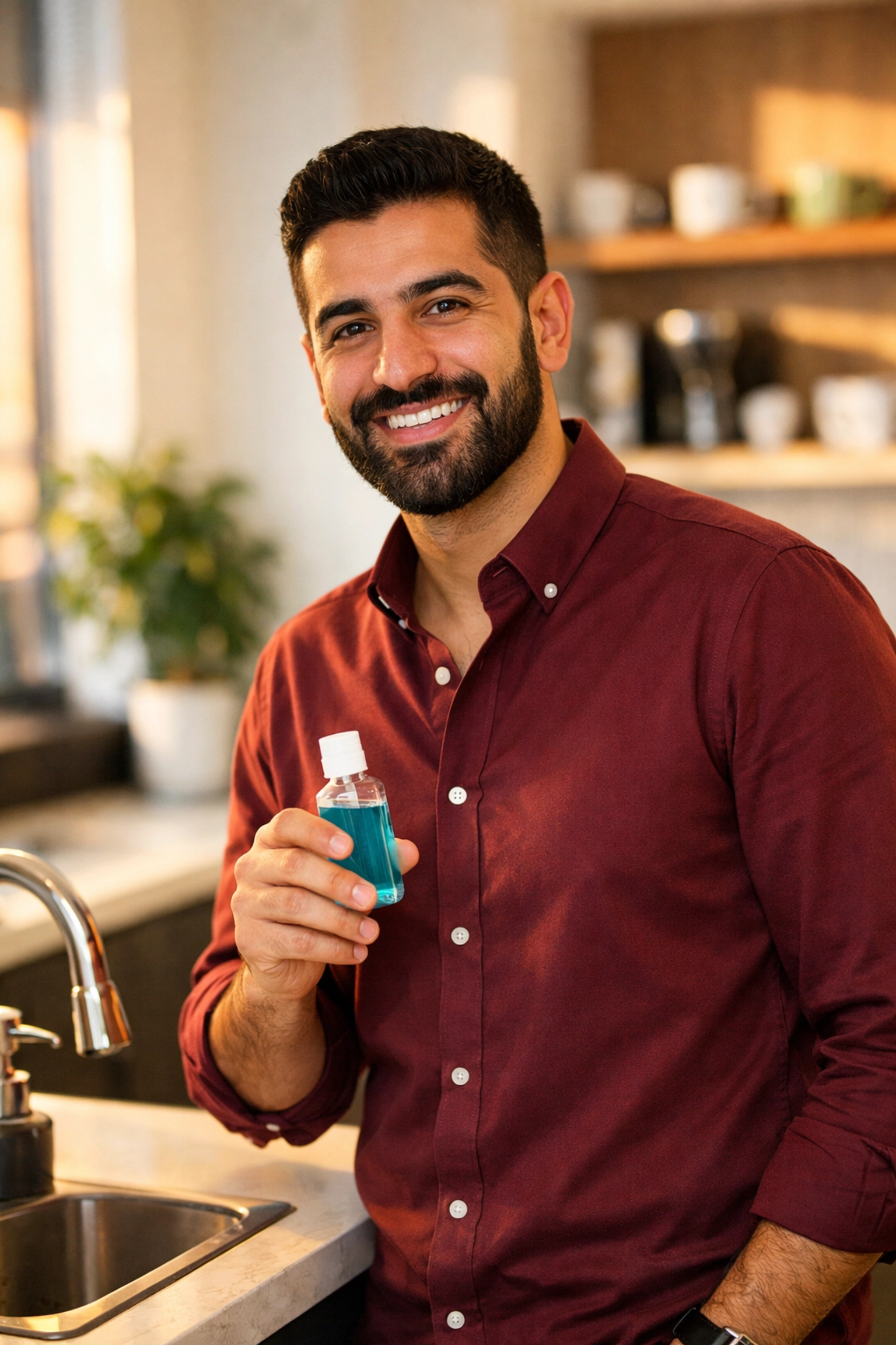 Man holding mouthwash for fresh breath maintenance during workday