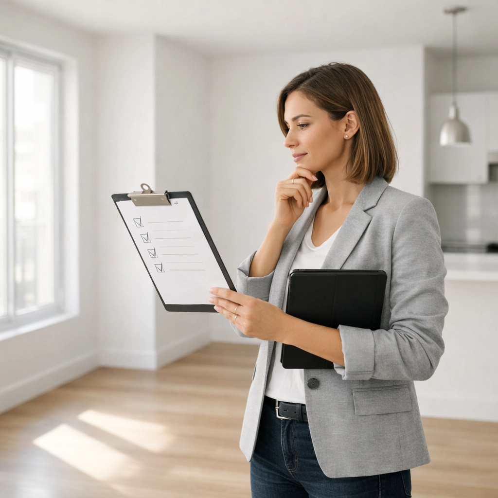 Property manager reviewing apartment turnover checklist on tablet in vacant unit