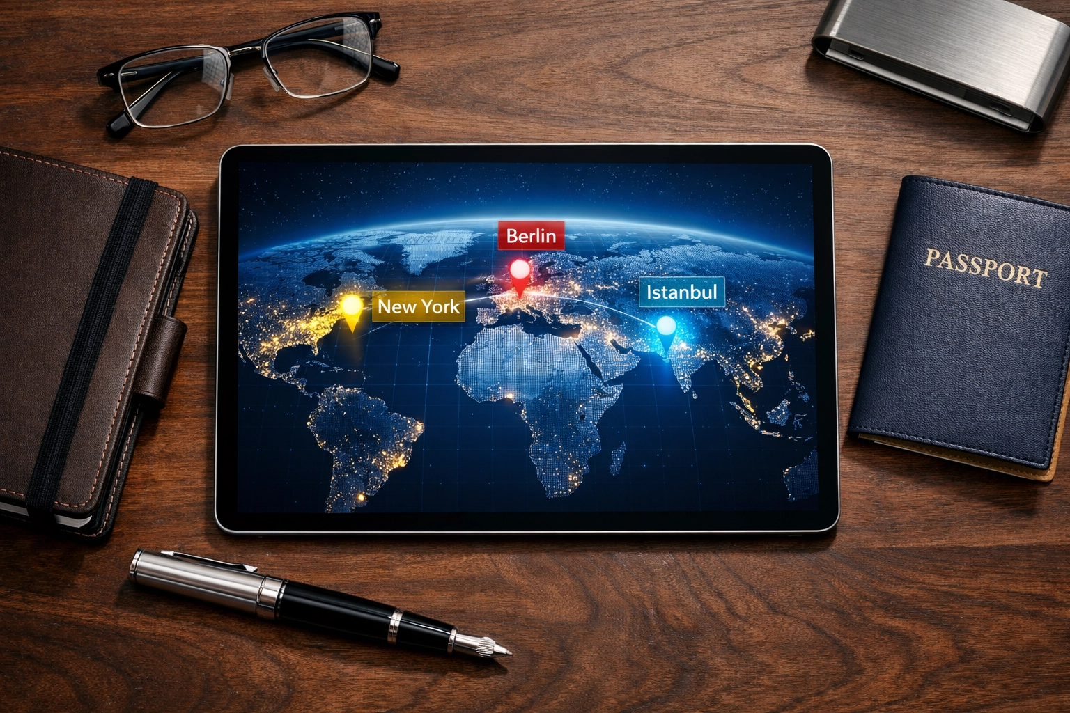 Executive desk with a digital world map for scheduling international calls between Berlin and New York.