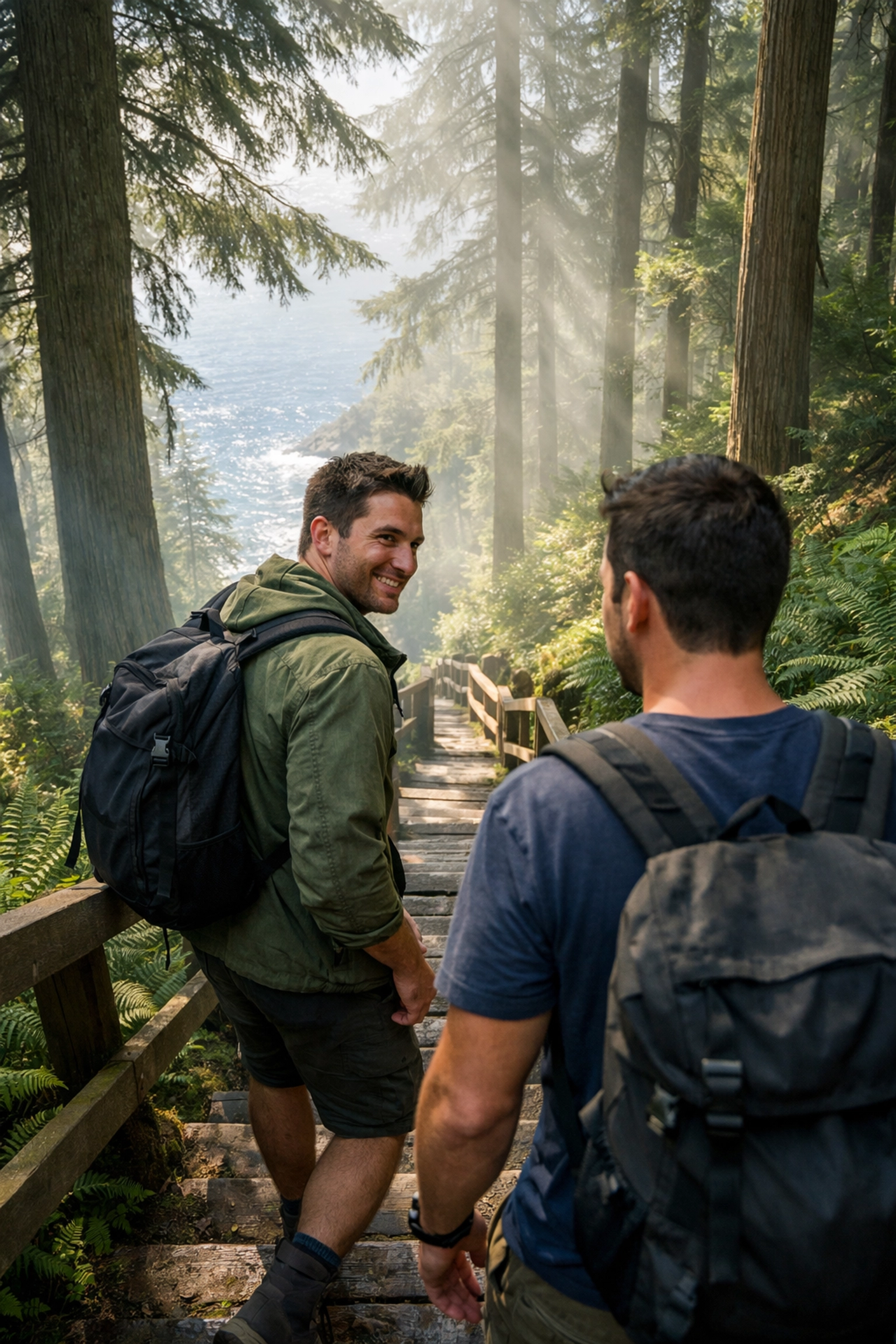 Gay couple descending forest trail to Wreck Beach Vancouver through cedar trees