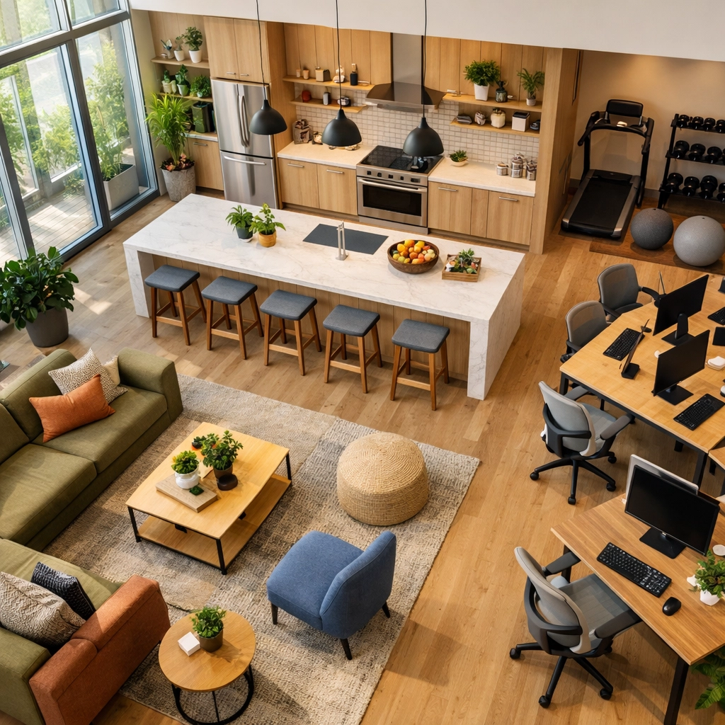Modern co-living amenities including kitchen, workspace and fitness area