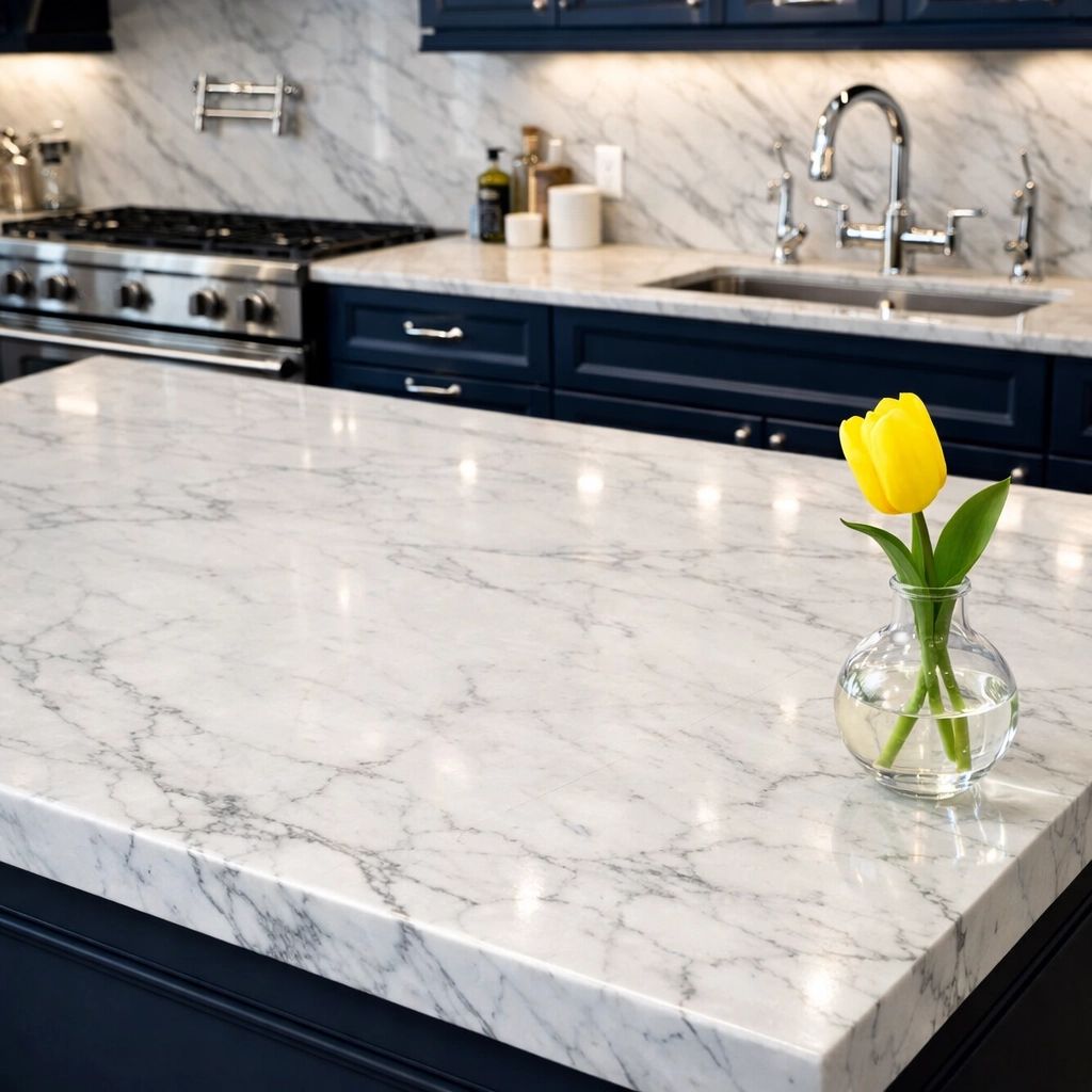 Pristine marble kitchen island with clear counters showing a home prepared for professional cleaning services.
