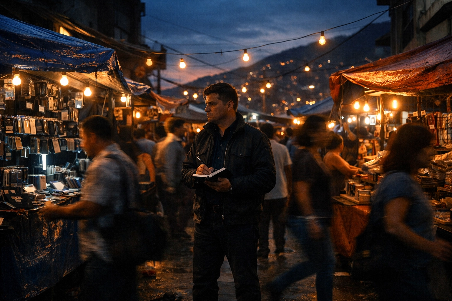 Investigator surveying Medellin street market for stolen electronics recovery