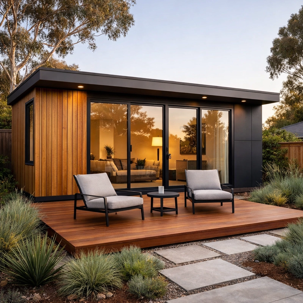 Modern modular secondary dwelling in an Australian backyard, a smart investment for rental income and sustainability.