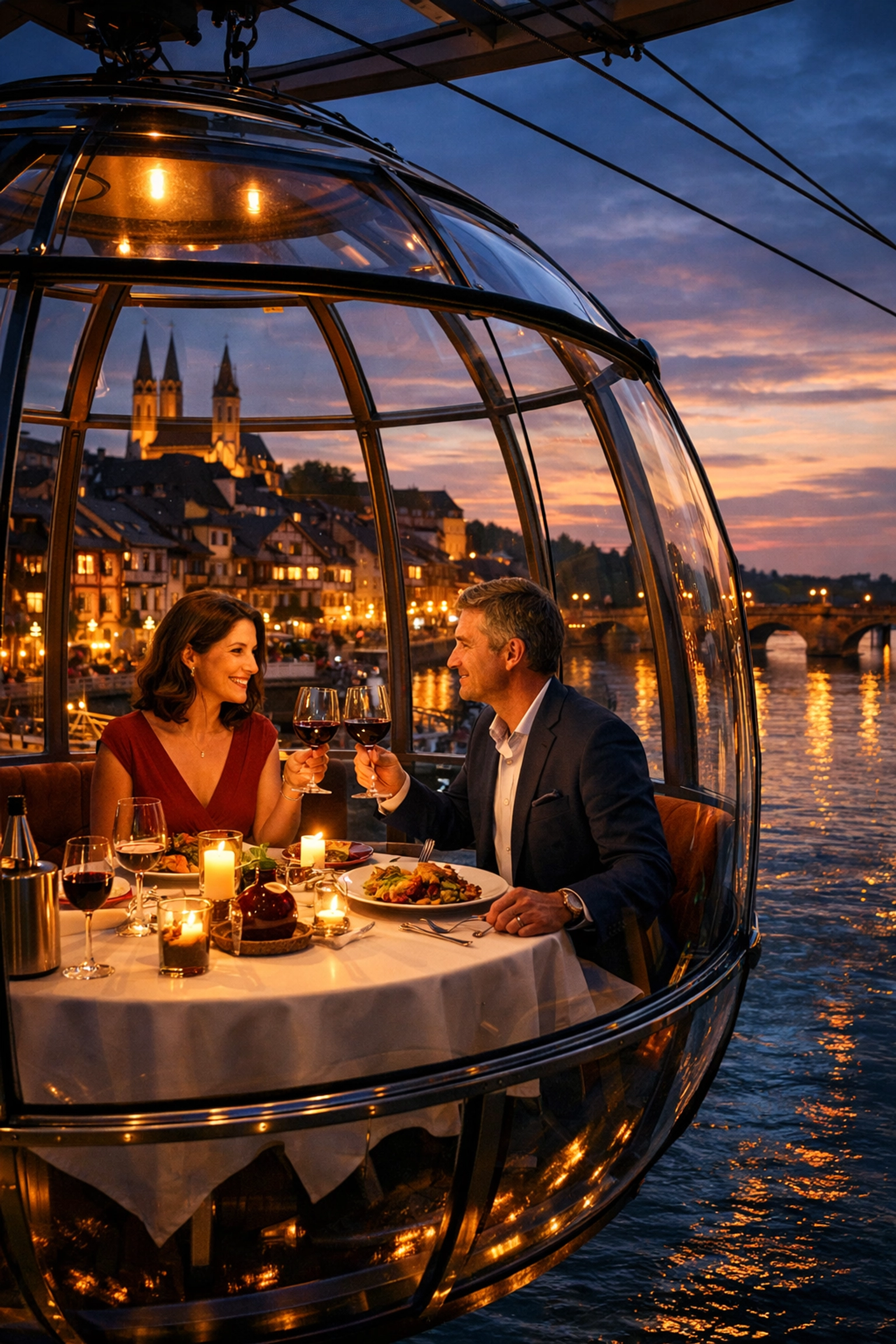 Couple enjoying romantic dinner in Magic Edge dining pod on Celebrity river cruise with river views