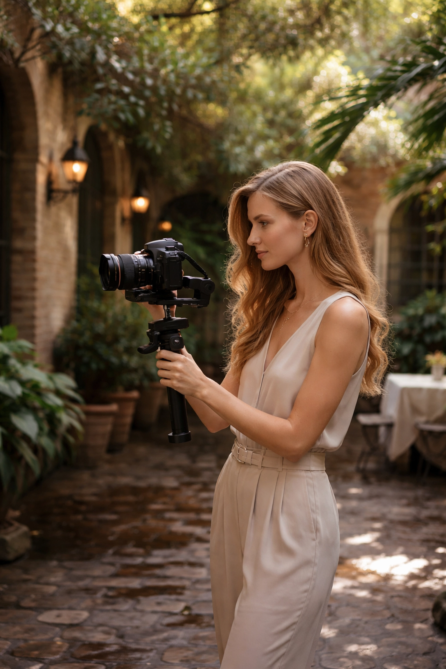 Female wedding videographer records intimate moments in a historic New Orleans courtyard during a Louisiana wedding