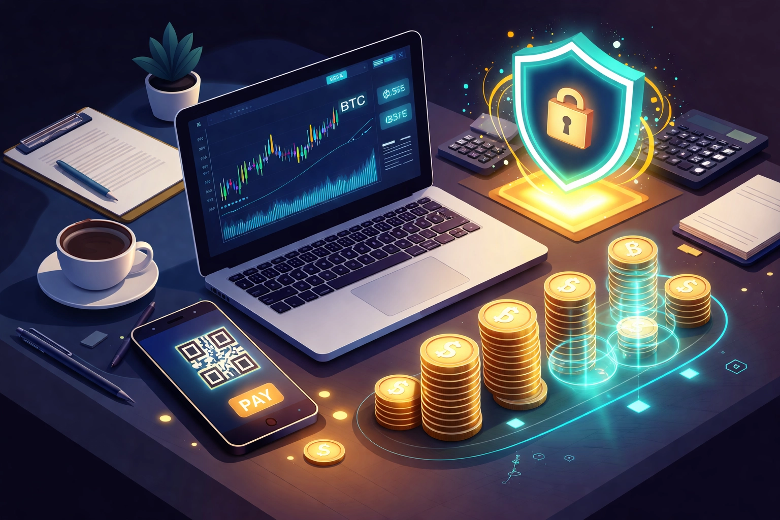 Small business owner's desk showing crypto charts, QR code payment, and coins converting to digital currency