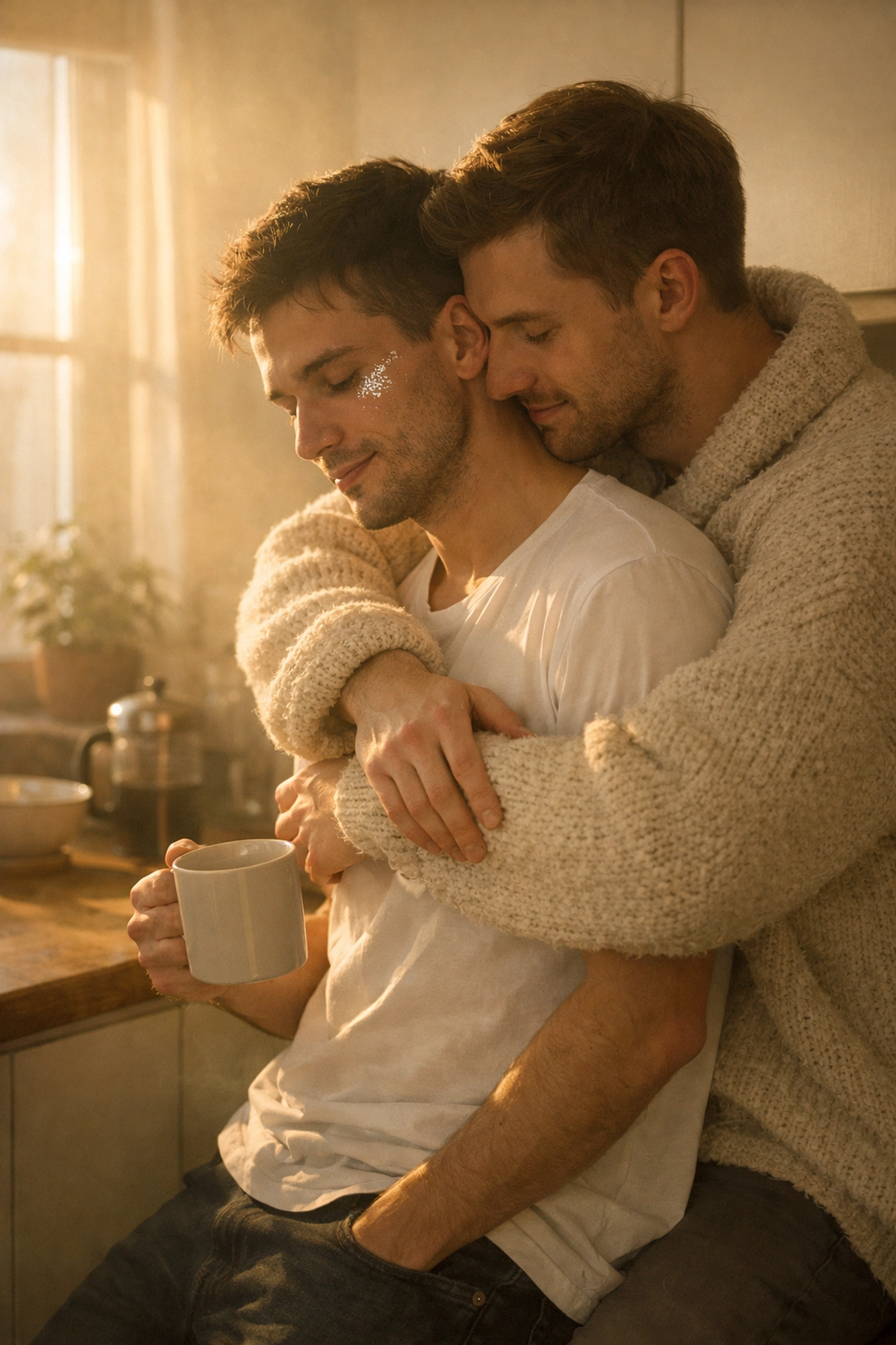 Two men sharing an intimate morning embrace in a sunlit kitchen, a tender moment in a gay love story.