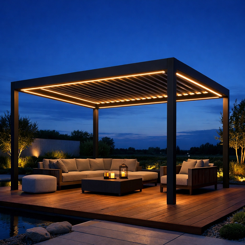 Freistehende Pergola Wien mit LED-Beleuchtung im Garten für stimmungsvolles Outdoor Living.