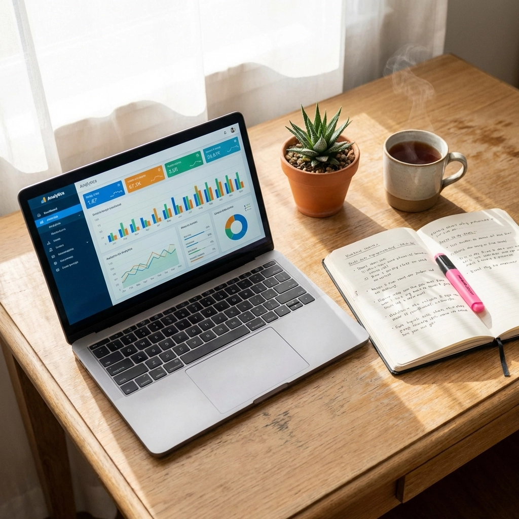 Overhead view of a workspace with laptop showing analytics dashboard, emphasizing tracking Instagram Reels performance.