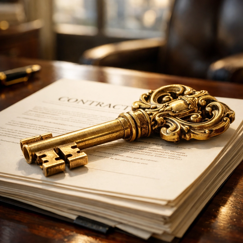 A golden key resting on management contracts, symbolizing a secure property management business sale.