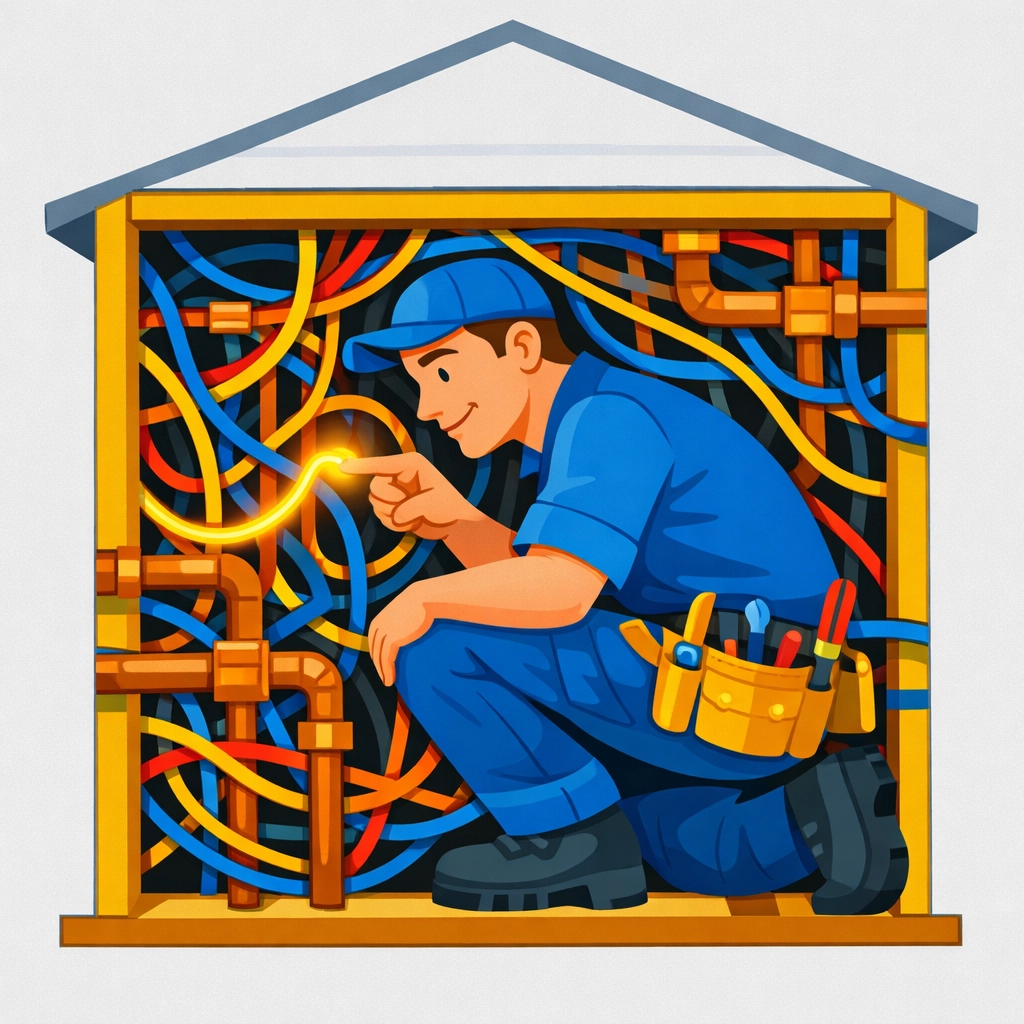 Electrician troubleshooting complex wiring in a tight wall space, showing human skill in electrical problem-solving.