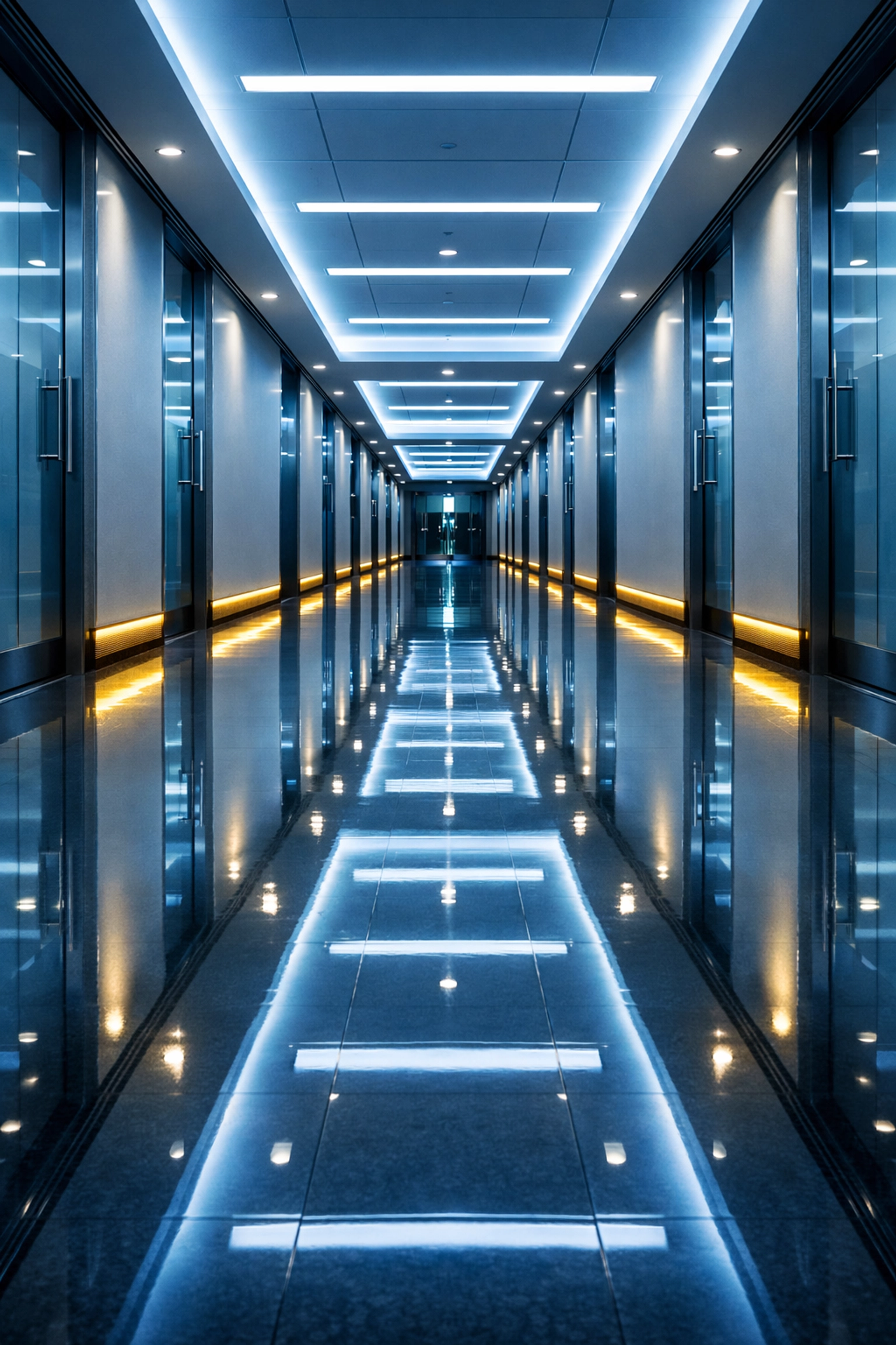 Polished corporate hallway illustrating high-standard janitorial services for Malden businesses.