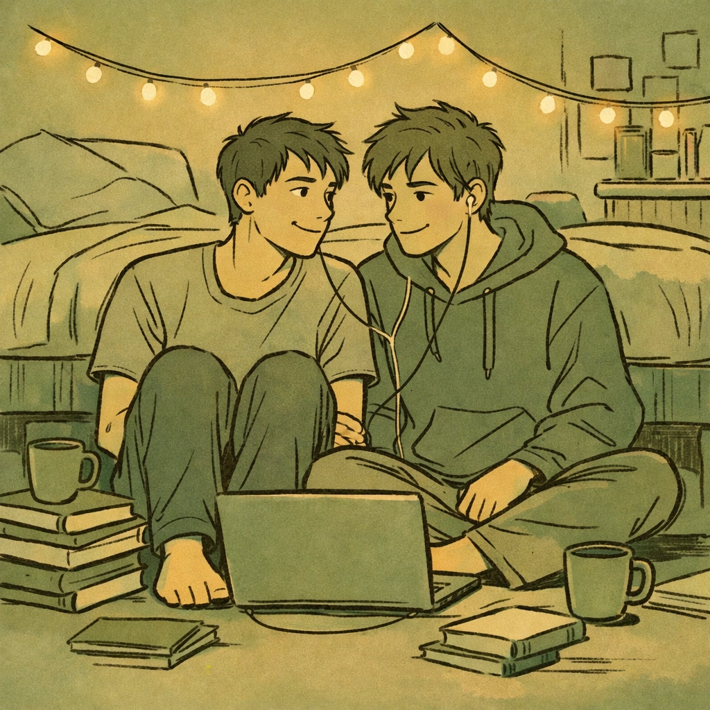 Two men sharing earbuds on dorm room floor in intimate moment