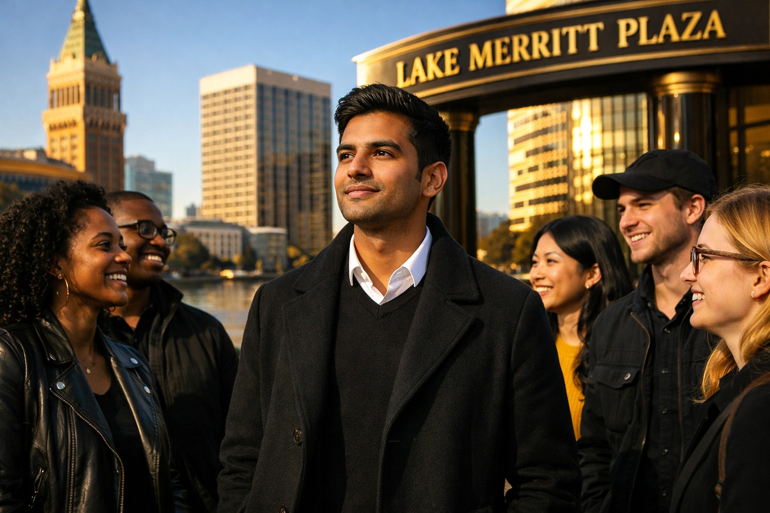 Diverse professionals at Lake Merritt Plaza Oakland, representing youth leadership and community transformation.