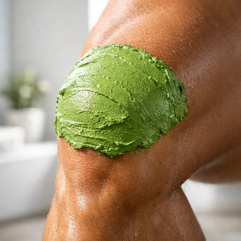 French green healing clay on an athlete's knee delivering mineral electrolytes for muscle repair