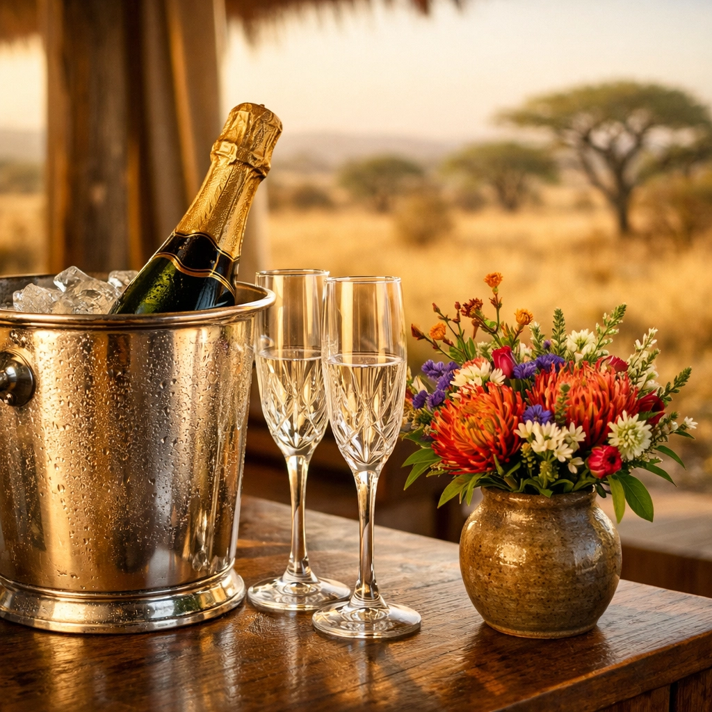Bespoke champagne welcome at a luxury safari lodge overlooking the golden African savannah.
