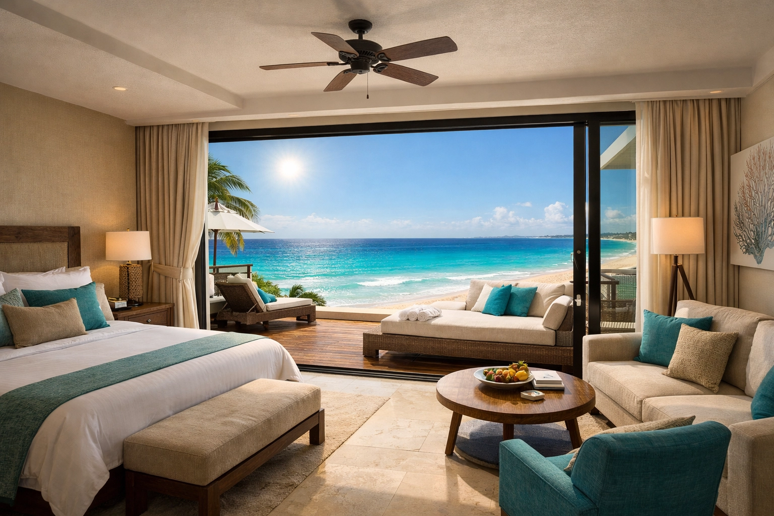 Luxury beachfront hotel suite in Cancun with a private balcony overlooking the turquoise Caribbean Sea.
