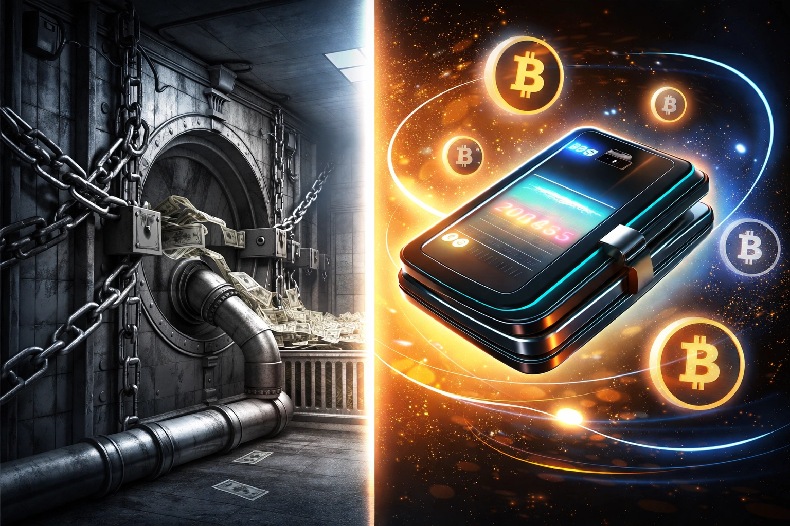 Comparison of locked bank vault versus free-floating digital wallet, illustrating Larecoin's bank-free crypto POS advantage.