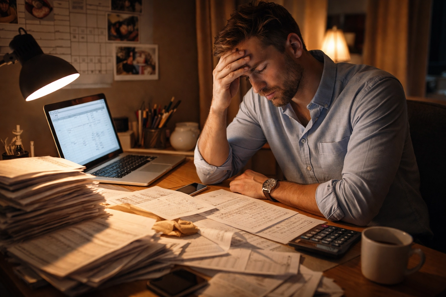 Stressed small business owner overwhelmed by paperwork and bookkeeping at a cluttered home office desk late at night