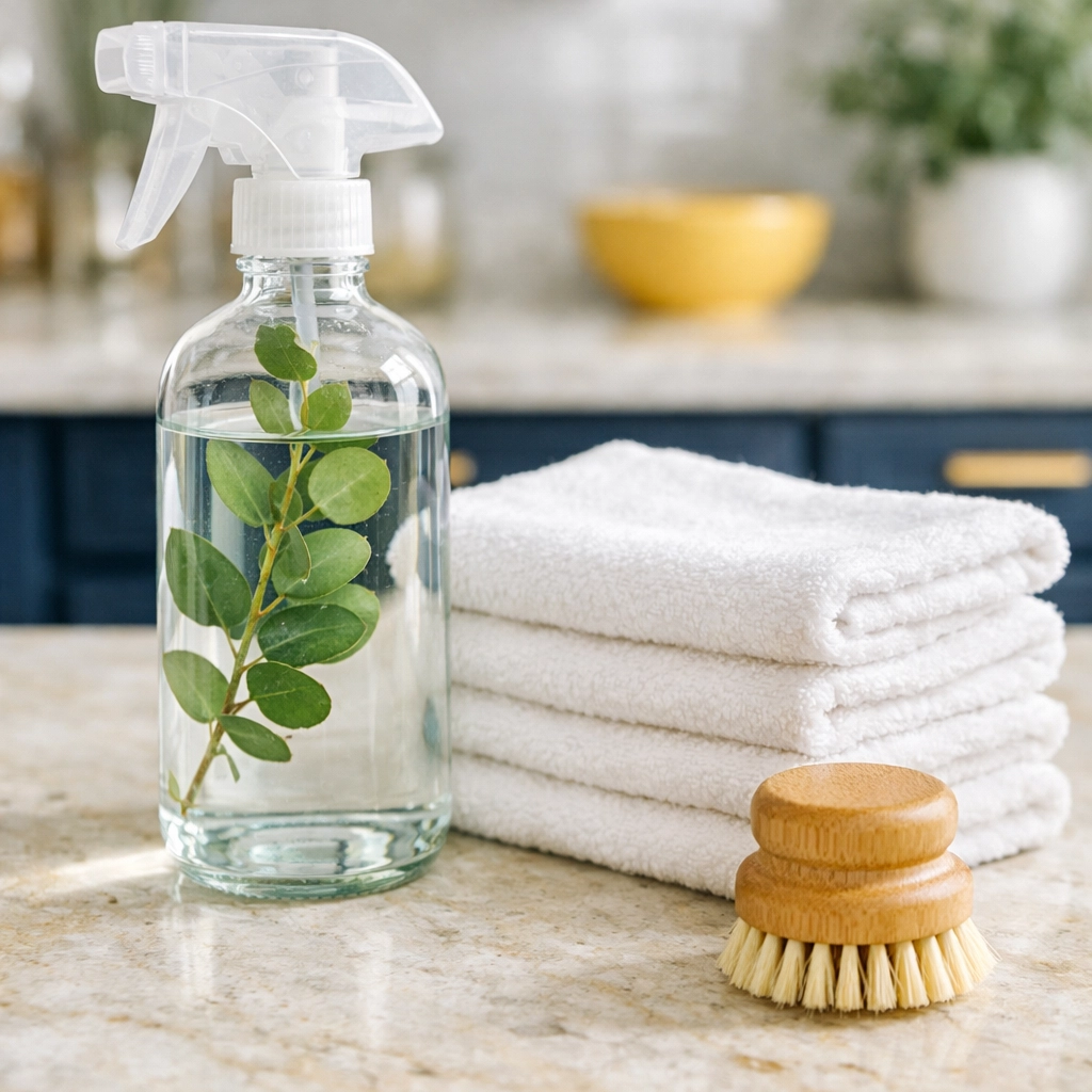 Natural eco-friendly supplies used for green residential cleaning Massachusetts in a luxury Dover home.