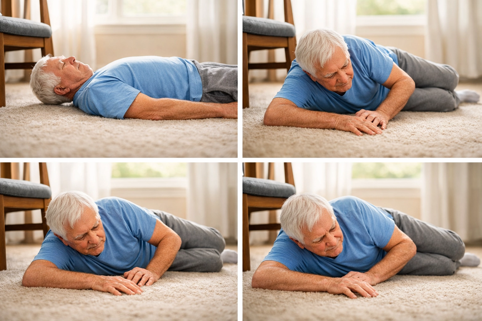 Senior man rolling onto his side from back position as step two of getting up after fall