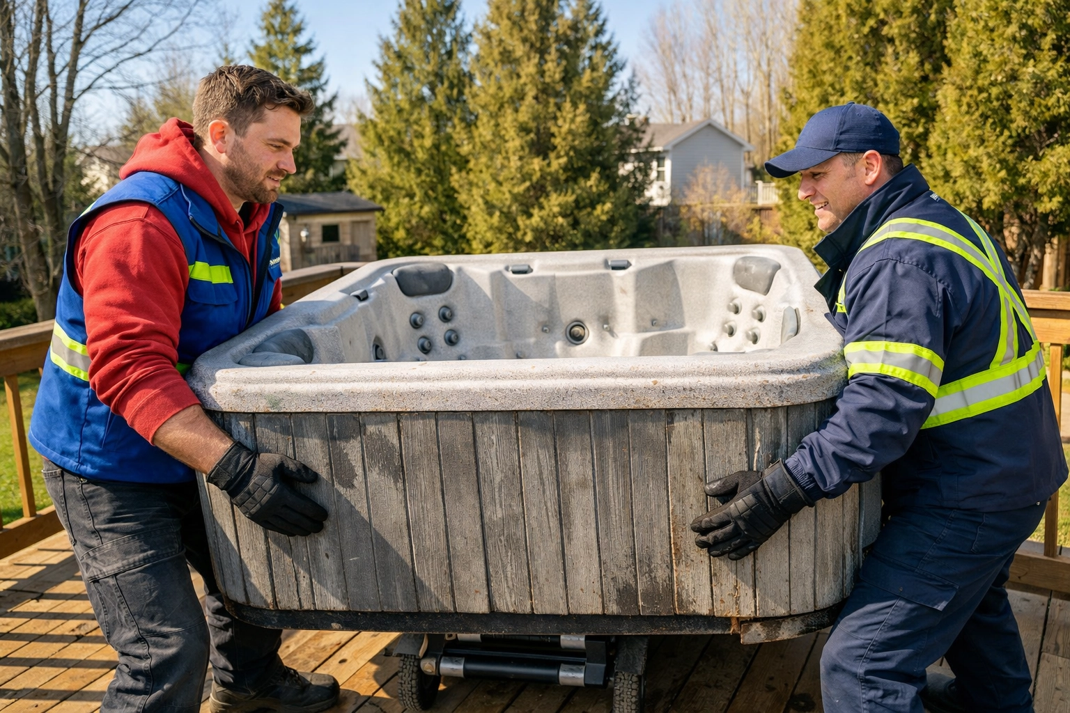 7 Mistakes You’re Making with Outdoor Spring Cleanups in Simcoe County (and How to Fix Them) Junk GTA crew safely performing a professional hot tub removal in a Simcoe County residential backyard.