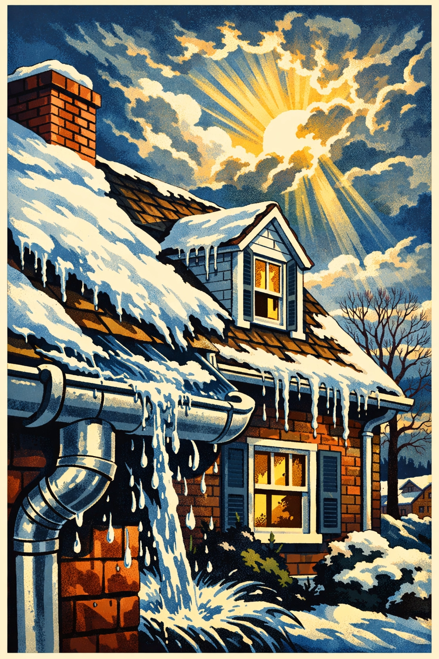 Spring thaw causing melting snow and ice to flow through gutters on New England home