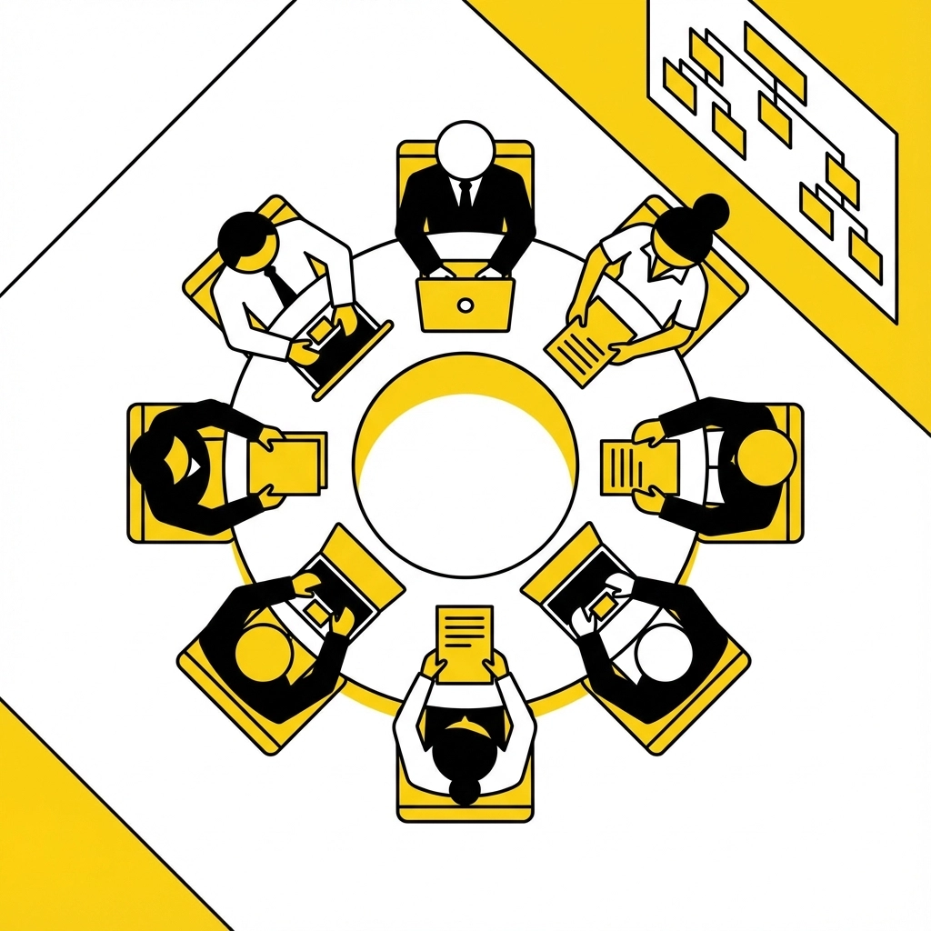 Illustration of seven people around a round table with papers and laptops. Yellow and black tones. Flowchart on wall, business meeting setting.