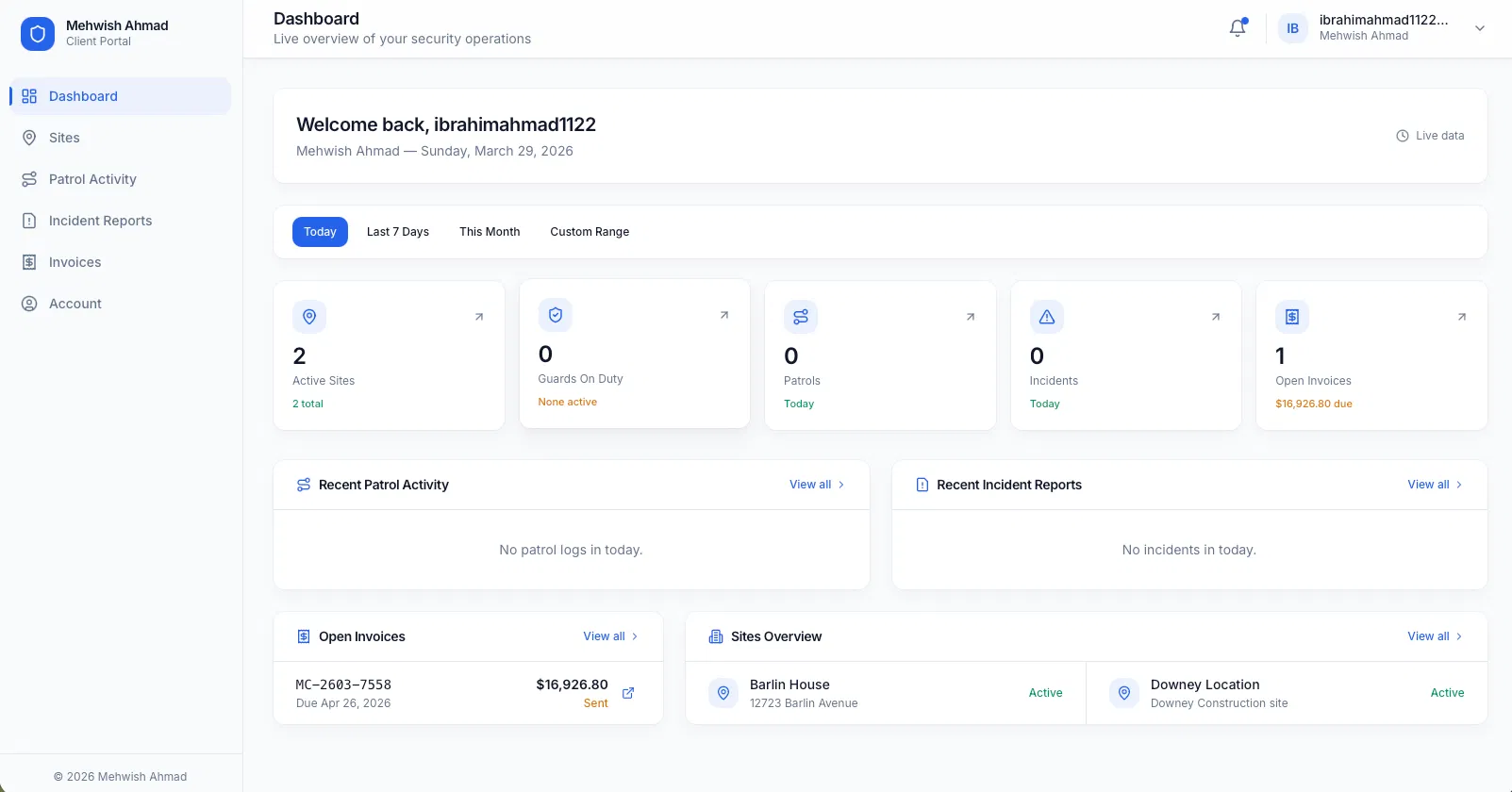 TrackGuard client portal dashboard showing a real-time overview of security operations