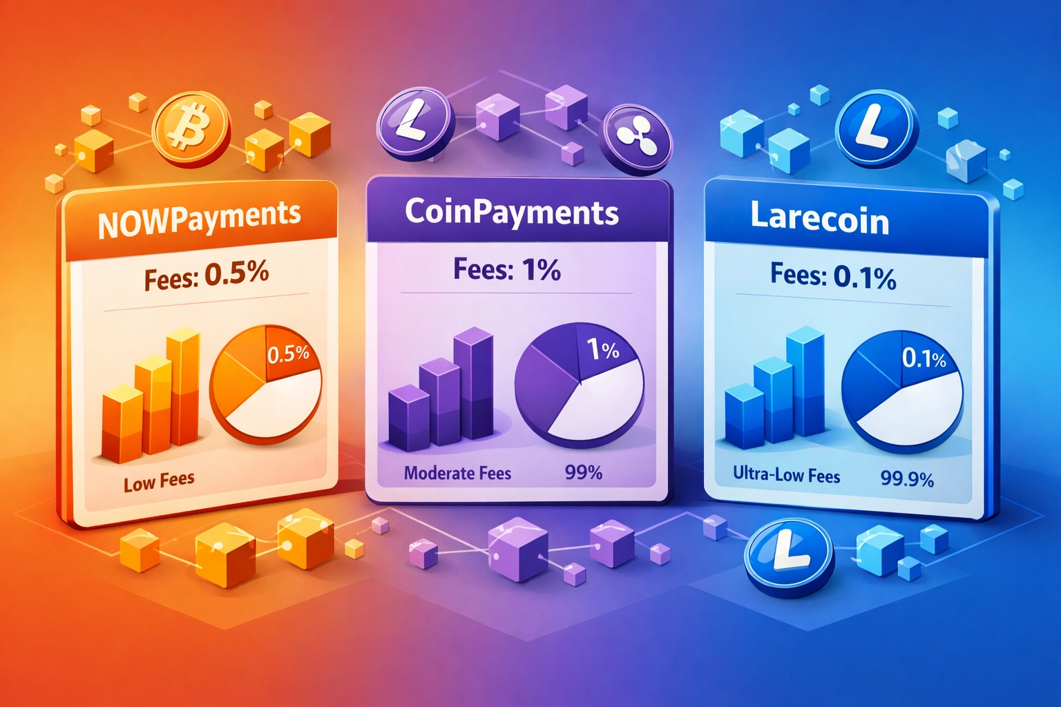 Comparison chart of crypto payment processors NOWPayments, CoinPayments, and Larecoin fee structures
