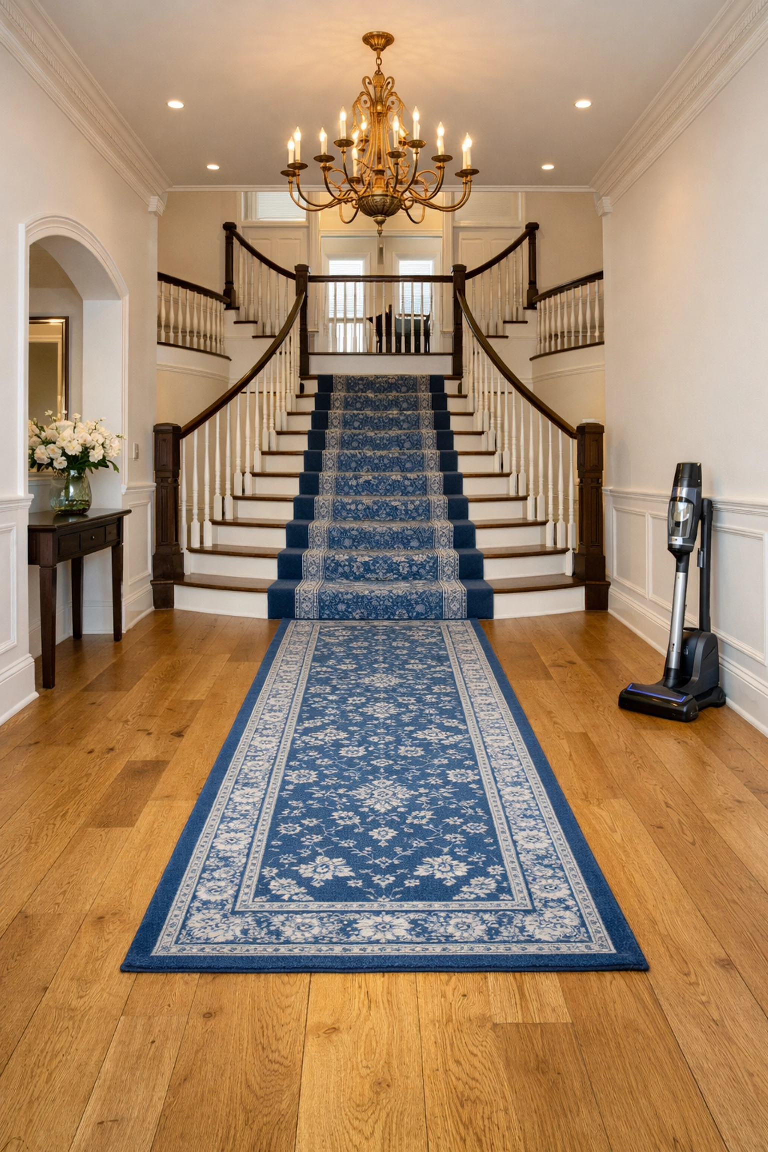 Pristine oak flooring and luxury entryway detailing during a recurring cleaning service in Winchester.