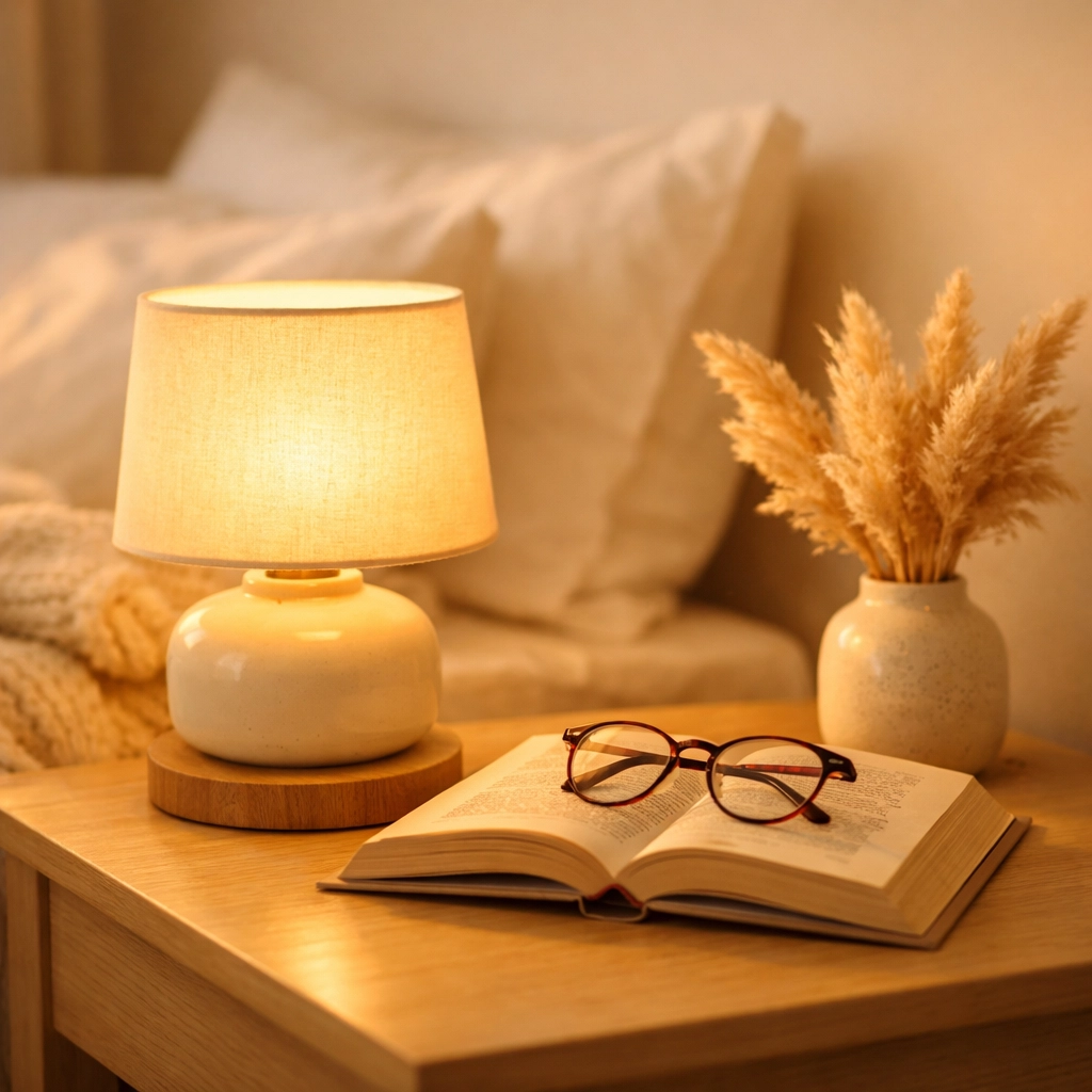 Minimalist wooden bedside lamp glowing on nightstand with book and pampas grass