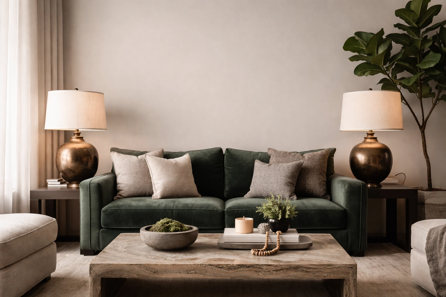 Luxury living room featuring aged bronze table lamps with natural patina on green velvet sofa
