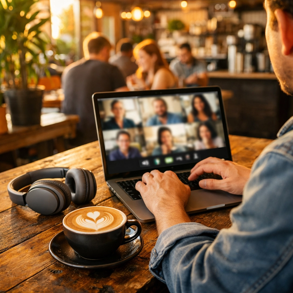 Remote professional working on a laptop in a sunlit East Austin coffee shop during peak hours.