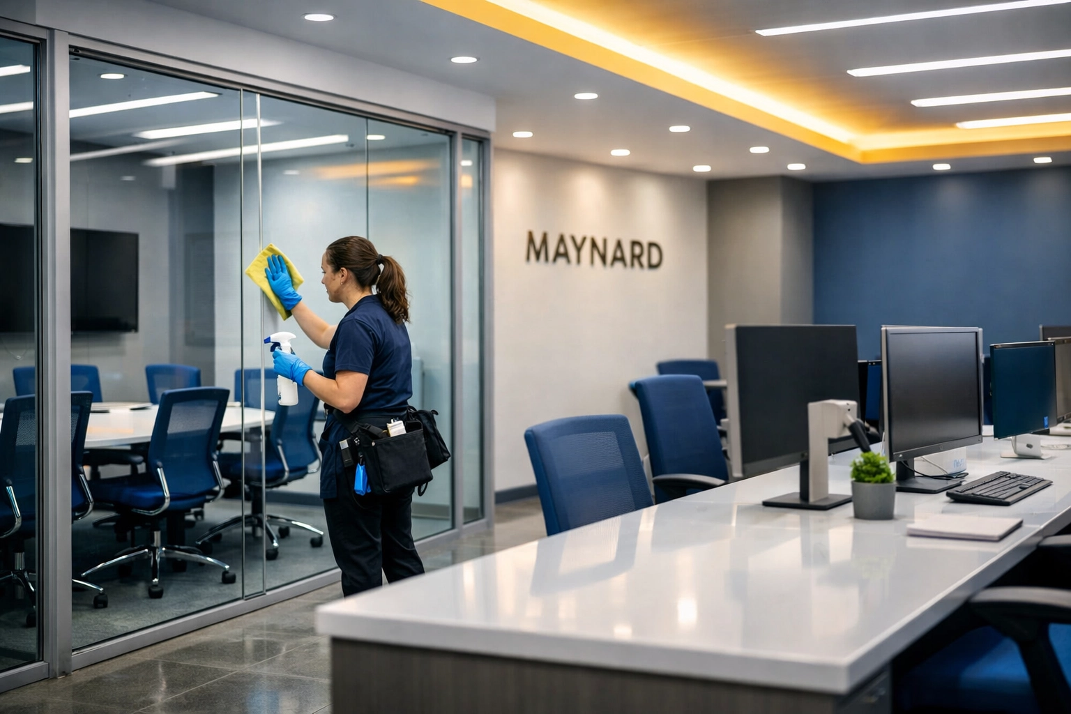 Professional commercial cleaning of a modern office space in Maynard to ensure a hygienic workspace.