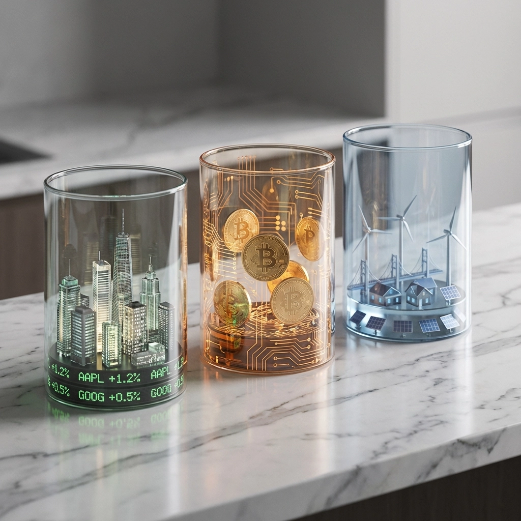 Three glass containers showing stocks, Bitcoin, and real estate illustrate asset diversification in the 40/30/30 portfolio.