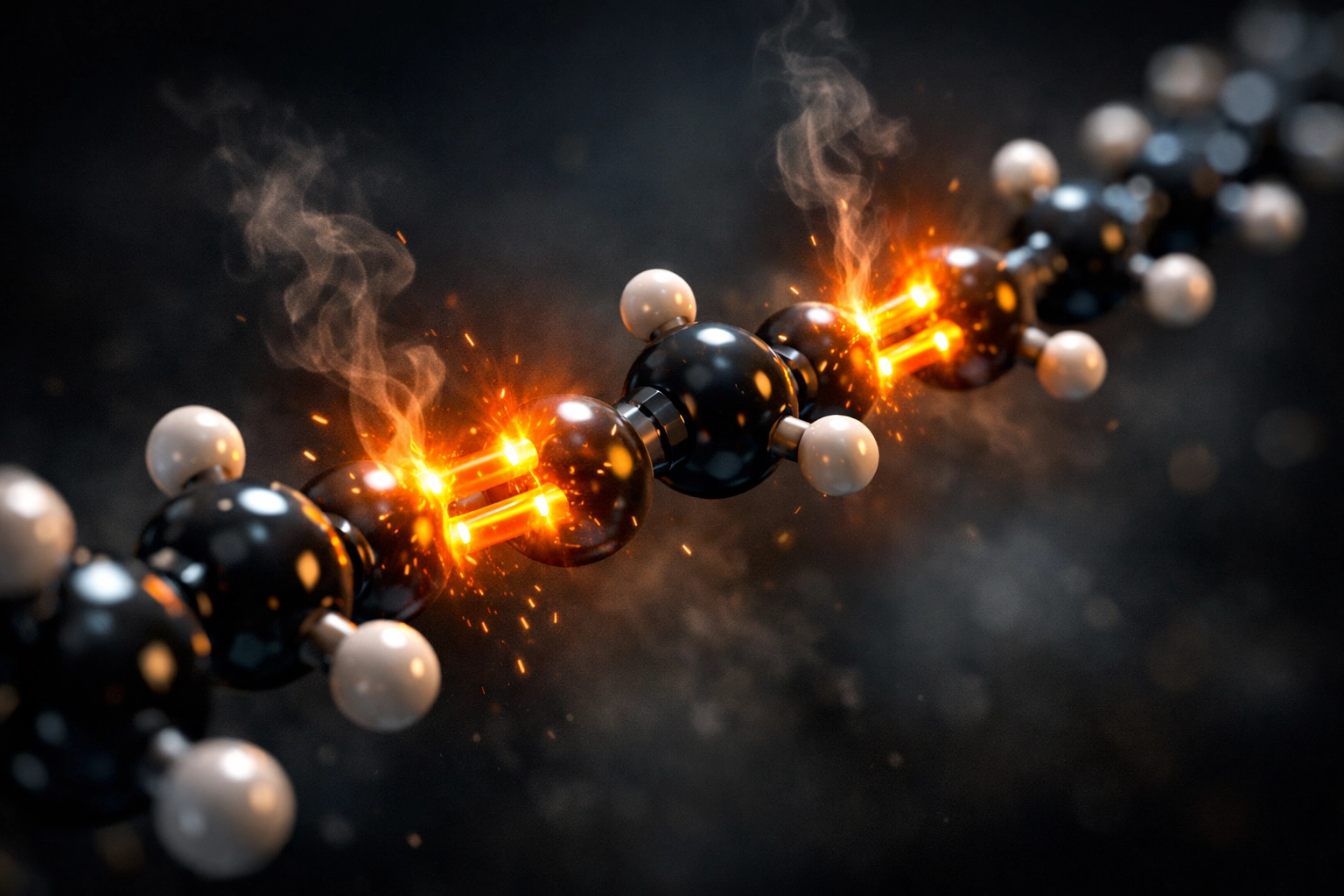 Microscopic view of a polyunsaturated fat molecular chain showing oxidative vulnerability at double bond sites.