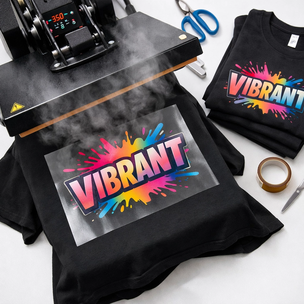 Heat press applying colorful DTF transfer to black t-shirt for custom apparel business