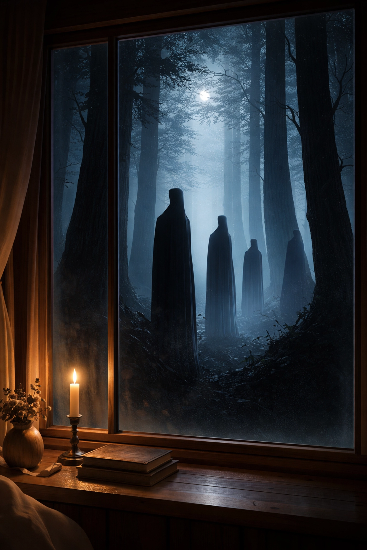 Dark shadow silhouettes lurk between moonlit trees in the Whispering Woods at night